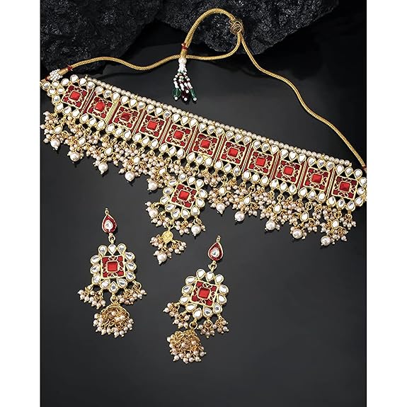 LukGud Gold Plated Meenakari Bridal Choker Necklace Earring Jewellery Set for women