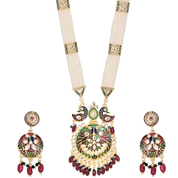 LukGud Jewellery Set Gold Plated Long Necklace Hyderabadi Design Pearl Peacock Necklace Set With Earring Jewellery For Women & Girls