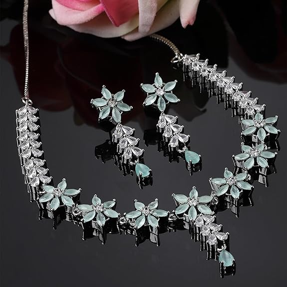 LukGud American Diamond Studded Necklace Earrings Jewellery Set for Girls and Women