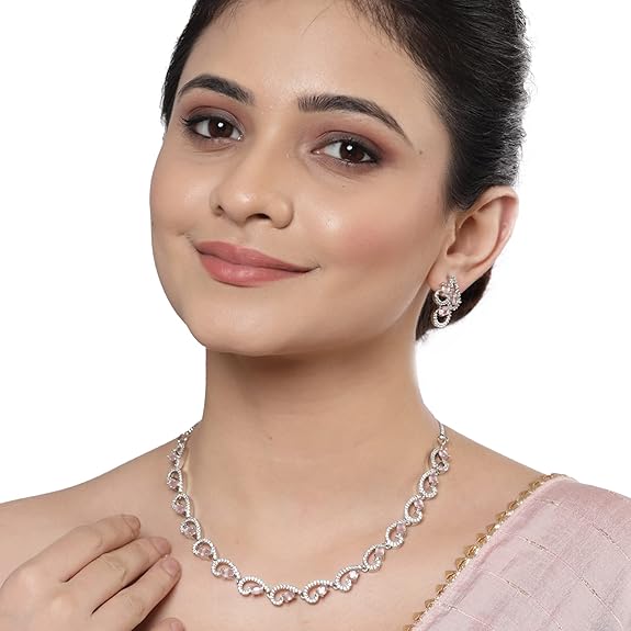 LukGud American Diamond studded Necklace and Drop Earrings Jewellery Set for women