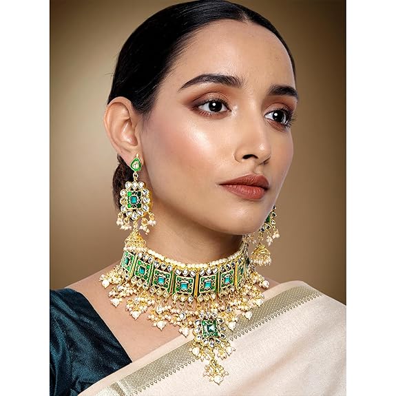 LukGud Gold Plated Meenakari Bridal Choker Necklace Earring Jewellery Set for women