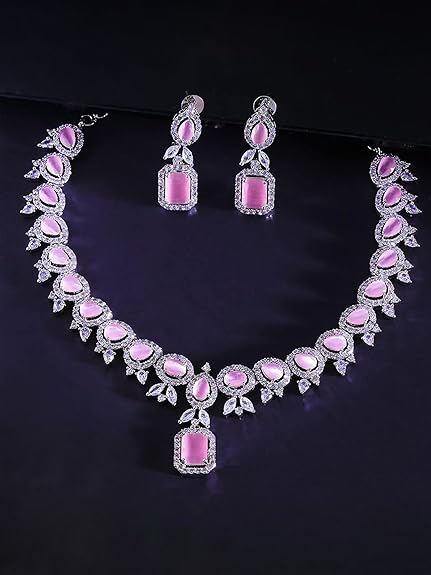 LukGud Rosegold Rhodium Plated AD Necklace Set for Women | Birthday Gift for Girls & Women