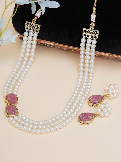LukGud Pink Stone Studded Pearl Kundan Necklace Set for Women