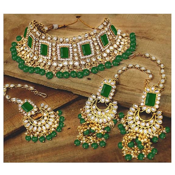 LukGud Rani Padmavati Dulhan Bridal Kundan Pearl Adjustable Choker Necklace with Earrings Maang Tikka for Women Girls Indian Traditional Jewellery Set