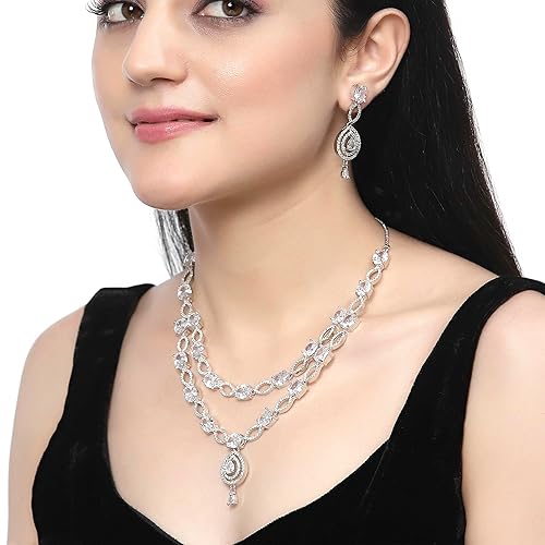 LukGud American Diamond Studded Abstract Necklace With Earrings Jewellery Set For Girls and Women