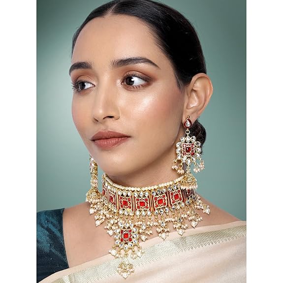 LukGud Gold Plated Meenakari Bridal Choker Necklace Earring Jewellery Set for women