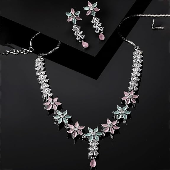 LukGud American Diamond Studded Necklace Earrings Jewellery Set for Girls and Women