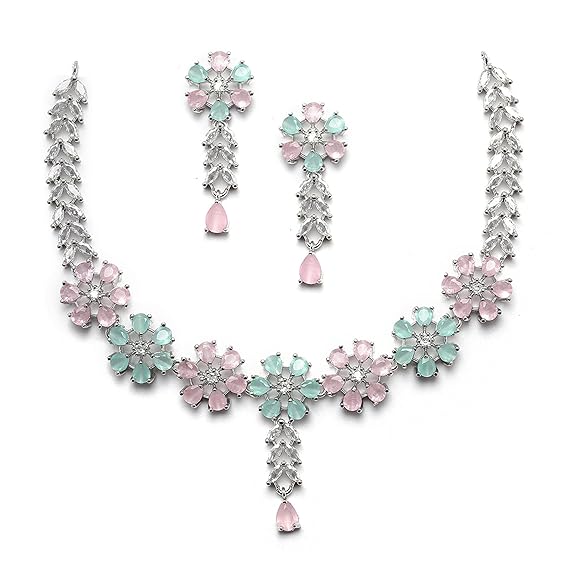 LukGud American Diamond Studded Necklace Earrings Jewellery Set for Girls and Women