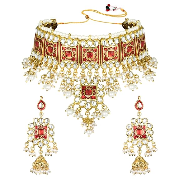 LukGud Gold Plated Meenakari Bridal Choker Necklace Earring Jewellery Set for women
