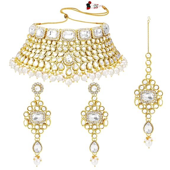 Lukgud Rani Padmavati Kundan Faux Pearl Choker Necklace with Earrings Maang Tikka for Women Girls Traditional Jewellery set