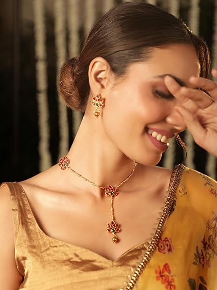 LukGud Gold-Plated Lotus Motif Ruby and Emerald Studded Jewellery Set For Women