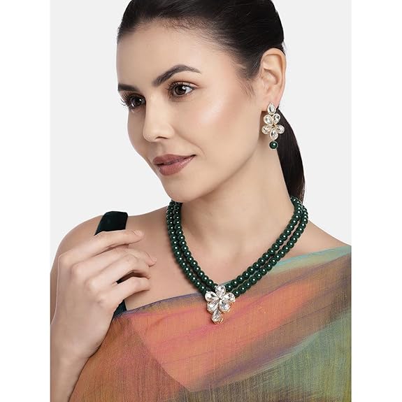 LukGud 18k Gold Plated Traditional Kundan & Pearl Studded Necklace Jewellery Set For Women