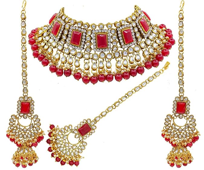 LukGud Rani Padmavati Dulhan Bridal Kundan Pearl Adjustable Choker Necklace with Earrings Maang Tikka for Women Girls Indian Traditional Jewellery Set