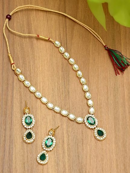 LuKGud Gold Tone Kundan & Green Stones Wedding Collection Necklace & Earring Set For Women