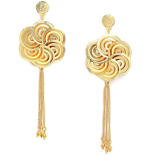 LukGud Gold Plated Floral Earrings With Long Threads Tassel Alloy Earring for Women and Girls