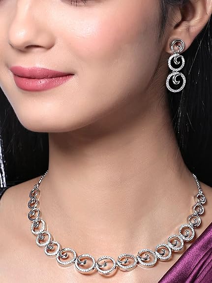LukGud Rosegold Rhodium Plated AD Necklace Set for Women | Birthday Gift for Girls & Women