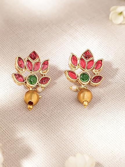 LukGud Gold-Plated Lotus Motif Ruby and Emerald Studded Jewellery Set For Women