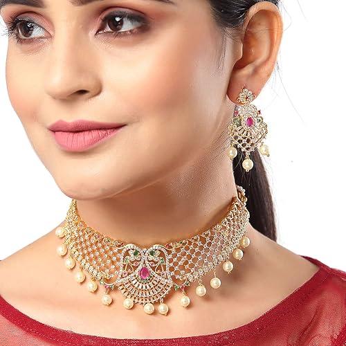 LukGud Gold Plated White & Red American Diamond Studded With Drop Pearl Beaded Jewellery Set For Women & Girl
