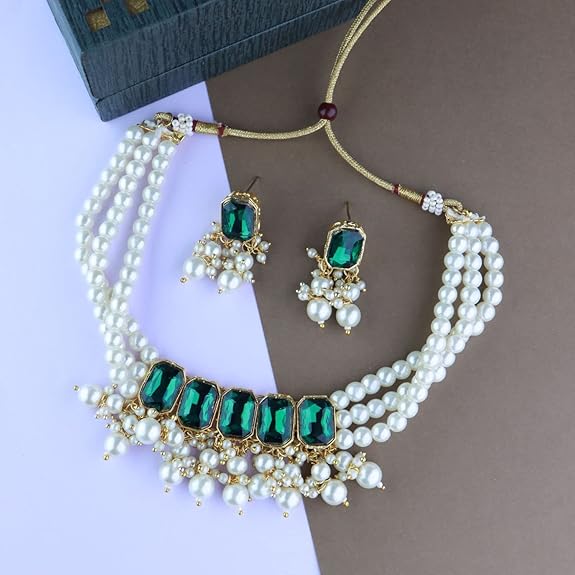 LukGud White Pearl Choker Necklace Jewellery Set with Earrings for Women And Girls