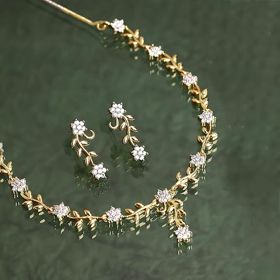 LukGud Jewellery Set Sparkling CZ Diamond with Leafy Design Necklace Set for Women and Girl