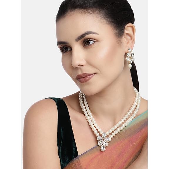 LukGud 18k Gold Plated Traditional Kundan & Pearl Studded Necklace Jewellery Set For Women