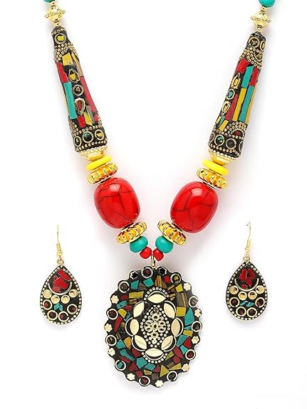 LukGud Latest Stylish Traditional Tibetan Pendant Necklace Jewellery Set for Women