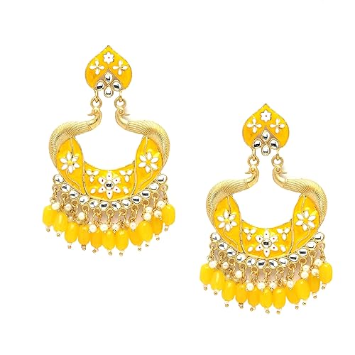 LukGud Gold-Plated Kundan & Pearls studded Peacock Shaped Handcrafted Drop Earrings
