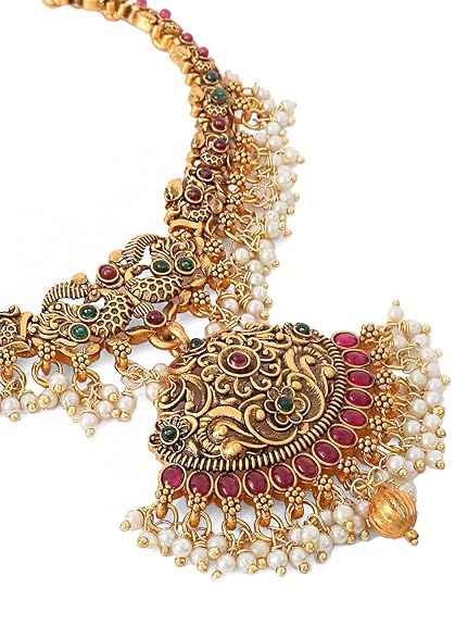 LukGud Gold-Plated Temple Necklace Set Stone-Studded Necklace Set For Women & Girls
