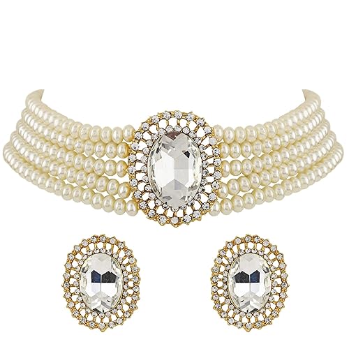 LukGud 18k Gold Plated Latest Stylish Fancy Choker Traditional Pearl Necklace Jewellery Set for Women