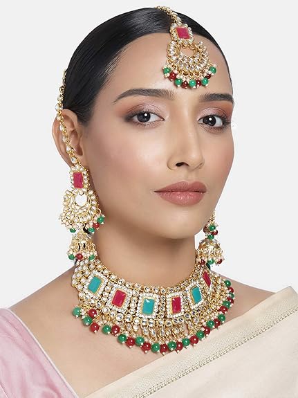 LukGud Rani Padmavati Dulhan Bridal Kundan Pearl Adjustable Choker Necklace with Earrings Maang Tikka for Women Girls Indian Traditional Jewellery Set