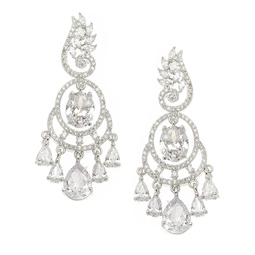 LukGud Rhodium-Plated American Diamond Studded Oval & Leaf Shaped Drop Earrings For Girls and Women