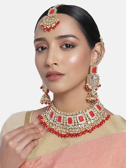 LukGud Rani Padmavati Dulhan Bridal Kundan Pearl Adjustable Choker Necklace with Earrings Maang Tikka for Women Girls Indian Traditional Jewellery Set