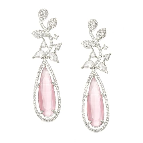 LuKGud Rhodium-Plated American Diamond Studded Teardrop & Leaf Shaped Drop Earrings For Girls and Women