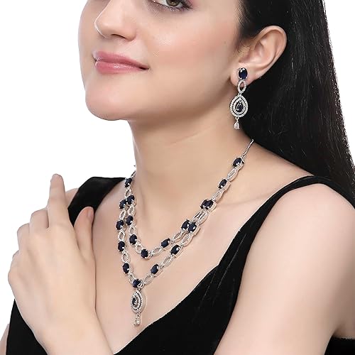 LukGud American Diamond Studded Abstract Necklace With Earrings Jewellery Set For Girls and Women