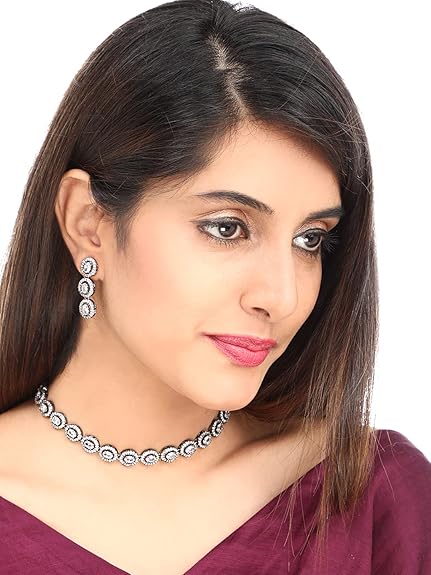 LukGud American Diamond Rhodium Rose Gold Plated AD Necklace Jewellery Set for Women