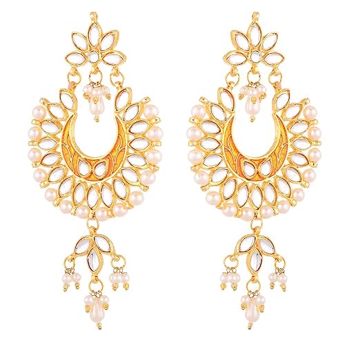LukGud Earring Gold Plated Brass Kundan Pearl Studded Designer Orang Chandbali Jhumka Earring Jewellery For Girl And Women