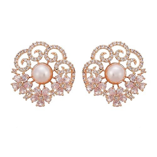 LukGud Rose Gold Plated Crescent Contemporary Floral Embelished Designed Stud Earring Jewellery For Girls and Women