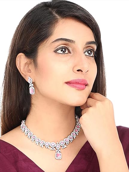 LukGud Rosegold Rhodium Plated AD Necklace Set for Women | Birthday Gift for Girls & Women