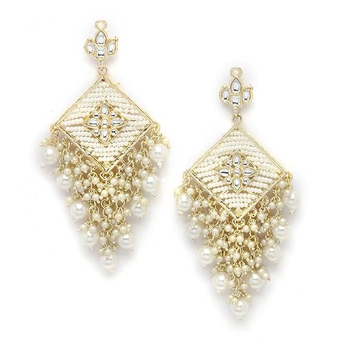 LukGud 18K Gold Plated Traditional Handcrafted Pearl Kundan Beaded Chandbali Earrings for Women/Girls
