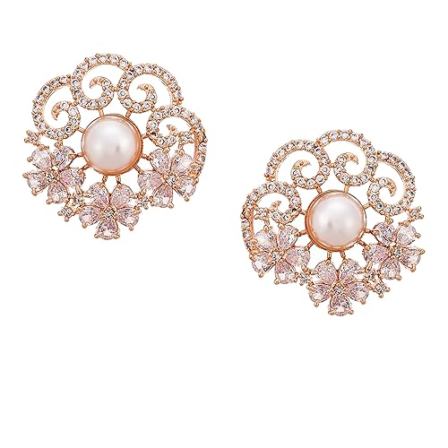 LukGud Rose Gold Plated Crescent Contemporary Floral Embelished Designed Stud Earring Jewellery For Girls and Women