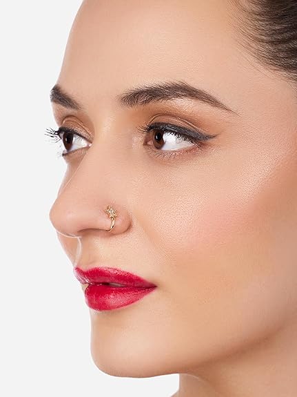LukGud Set of 3 Gold Tone Cubic Zirconia Contemporary Brass Clip On Nose Pins For Women
