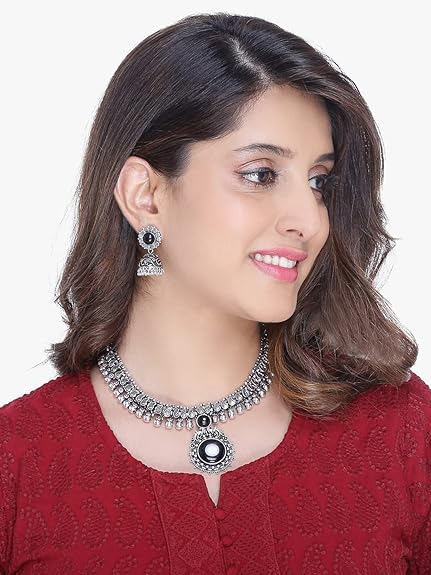 LukGud Kolhapuri Stone Choker Necklace Set with Jhumka Earrings for Women and Girls