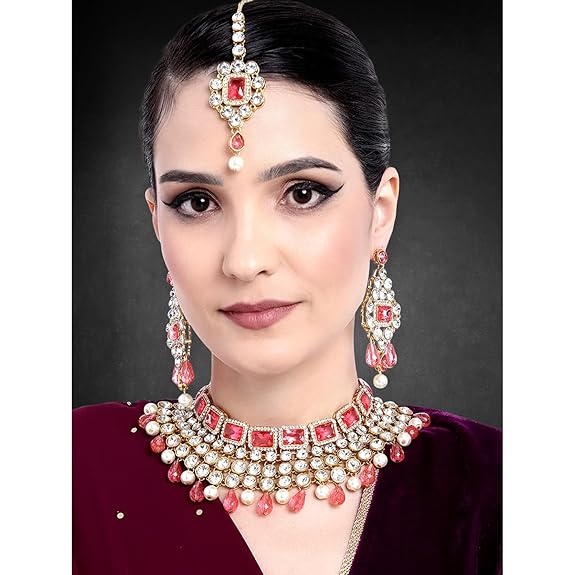 LukGud Crystal Choker Necklace with Maang Tikka Earrings Indian Traditional Bridal Wedding Jewellery Set for Women