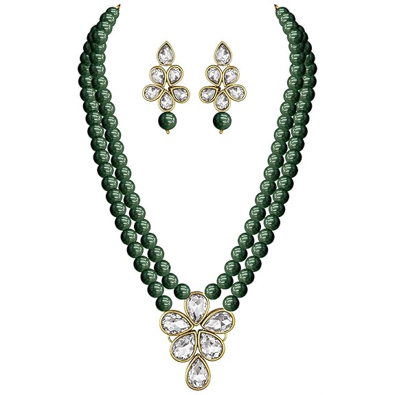 LukGud 18k Gold Plated Traditional Kundan & Pearl Studded Necklace Jewellery Set For Women