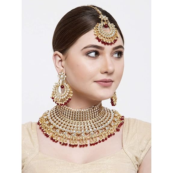LukGud Indian Wedding Traditional Gold Plated Kundan Choker Necklace Set with Tikka and Earrings for Women Girls