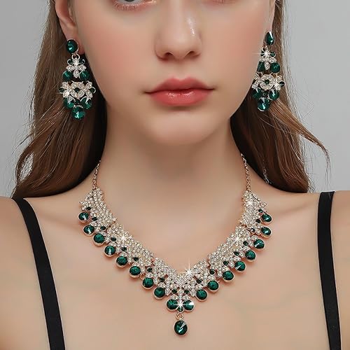 LukGud Stylish Design Fancy Wedding Party Crystal Diamonds Necklace Jewellery Set for Women