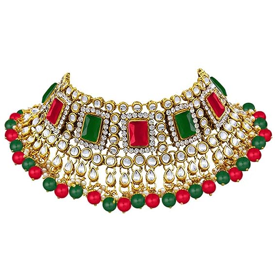 LukGud Rani Padmavati Dulhan Bridal Kundan Pearl Adjustable Choker Necklace with Earrings Maang Tikka for Women Girls Indian Traditional Jewellery Set