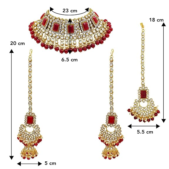 LukGud Rani Padmavati Dulhan Bridal Kundan Pearl Adjustable Choker Necklace with Earrings Maang Tikka for Women Girls Indian Traditional Jewellery Set