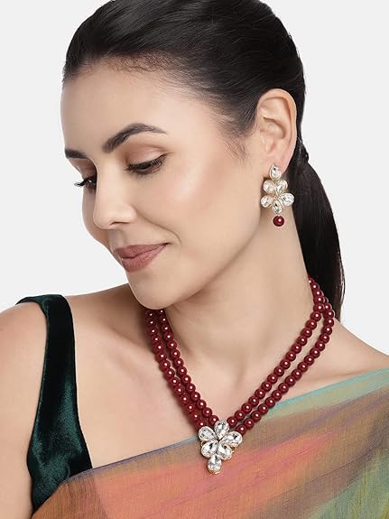 LukGud 18k Gold Plated Traditional Kundan & Pearl Studded Necklace Jewellery Set For Women