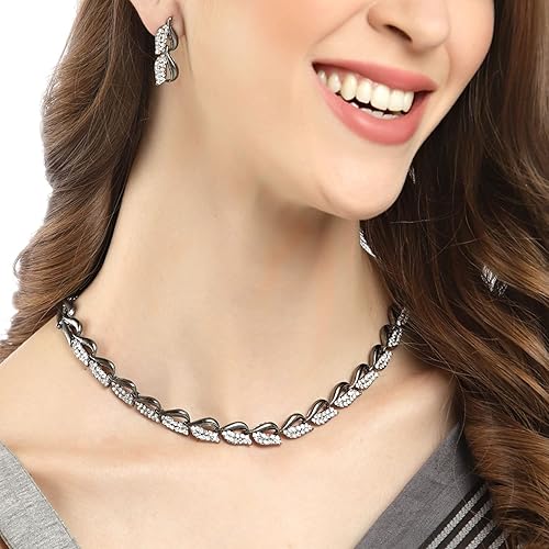 LukGud American Diamond Studded Intrcately Designed Leaf Shaped Necklace With Earring Jewellery Set For Women and Girl